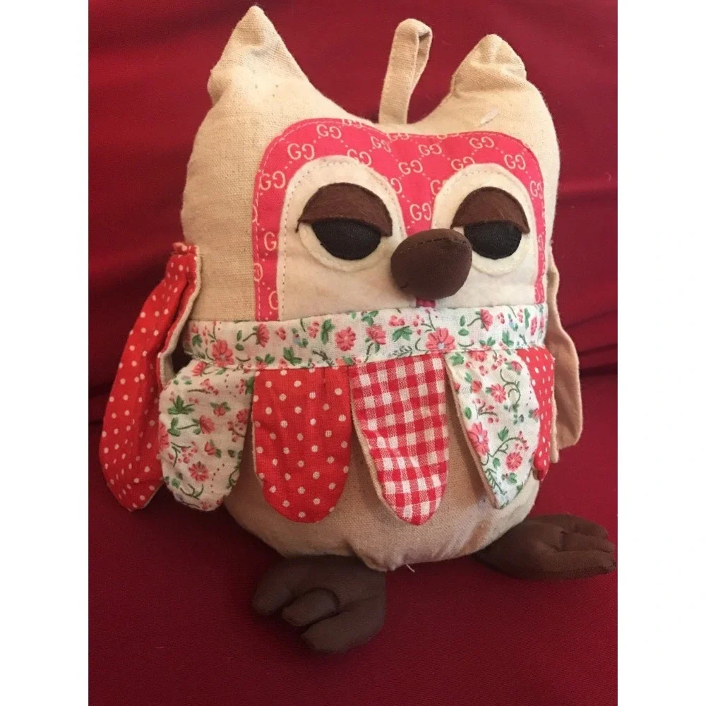 Handmade Owl Doorstop Plush Red Gingham Polka Dot Floral GG Print Decorative